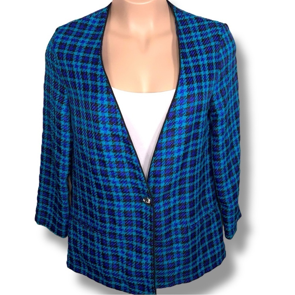 Vintage Size 16 The Villager Blue Houndstooth Blazer Colorful Single Button